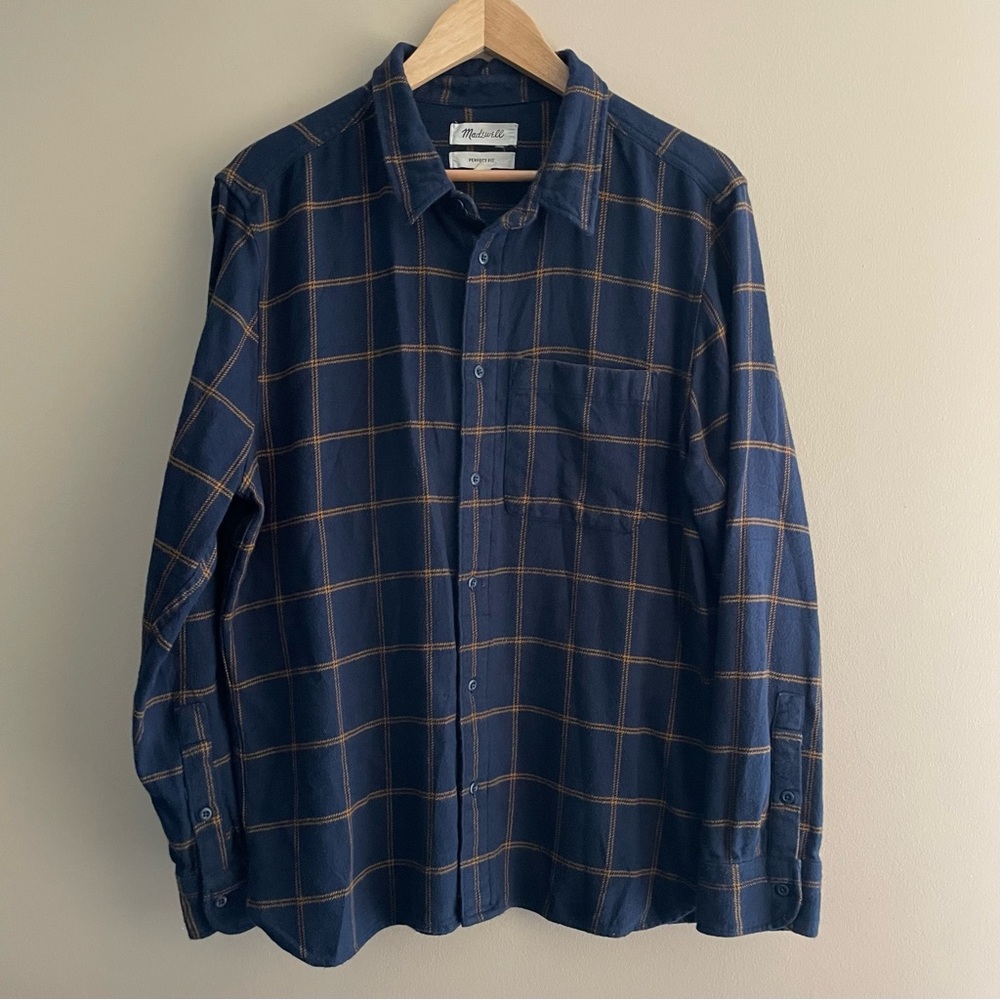 SALE! MADEWELL Men's Perfect Fit Flannel Shirt Navy Blue Yellow Plaid Large #514
